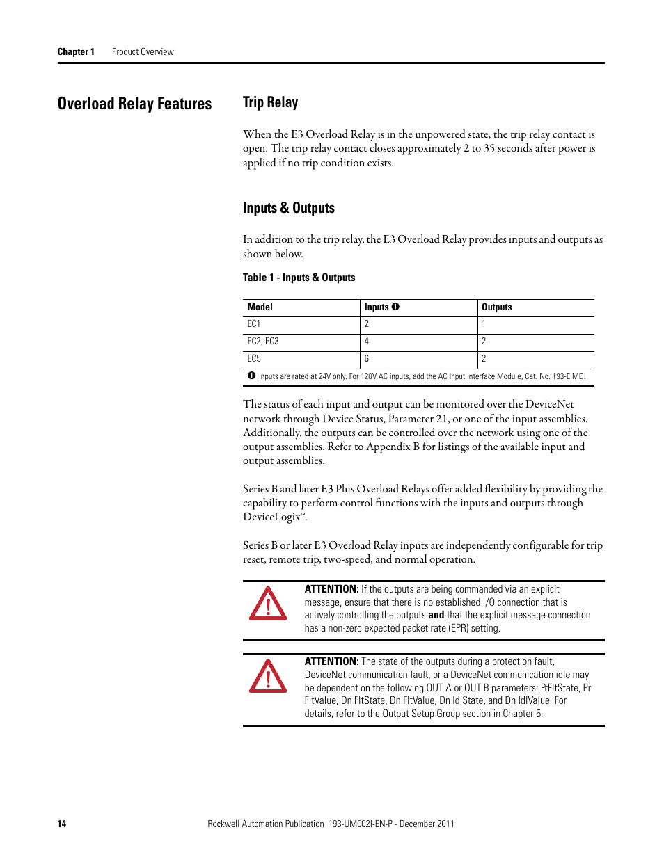 Overload relay features, Trip relay, Inputs & outputs | Trip relay inputs & outputs | Rockwell Automation 193-EC1_2_3_5, 193-ECPM,592-EC1_2_3_5 E3 and E3 Plus Solid-State Overload Relay User Manual User Manual | Page 14 / 276