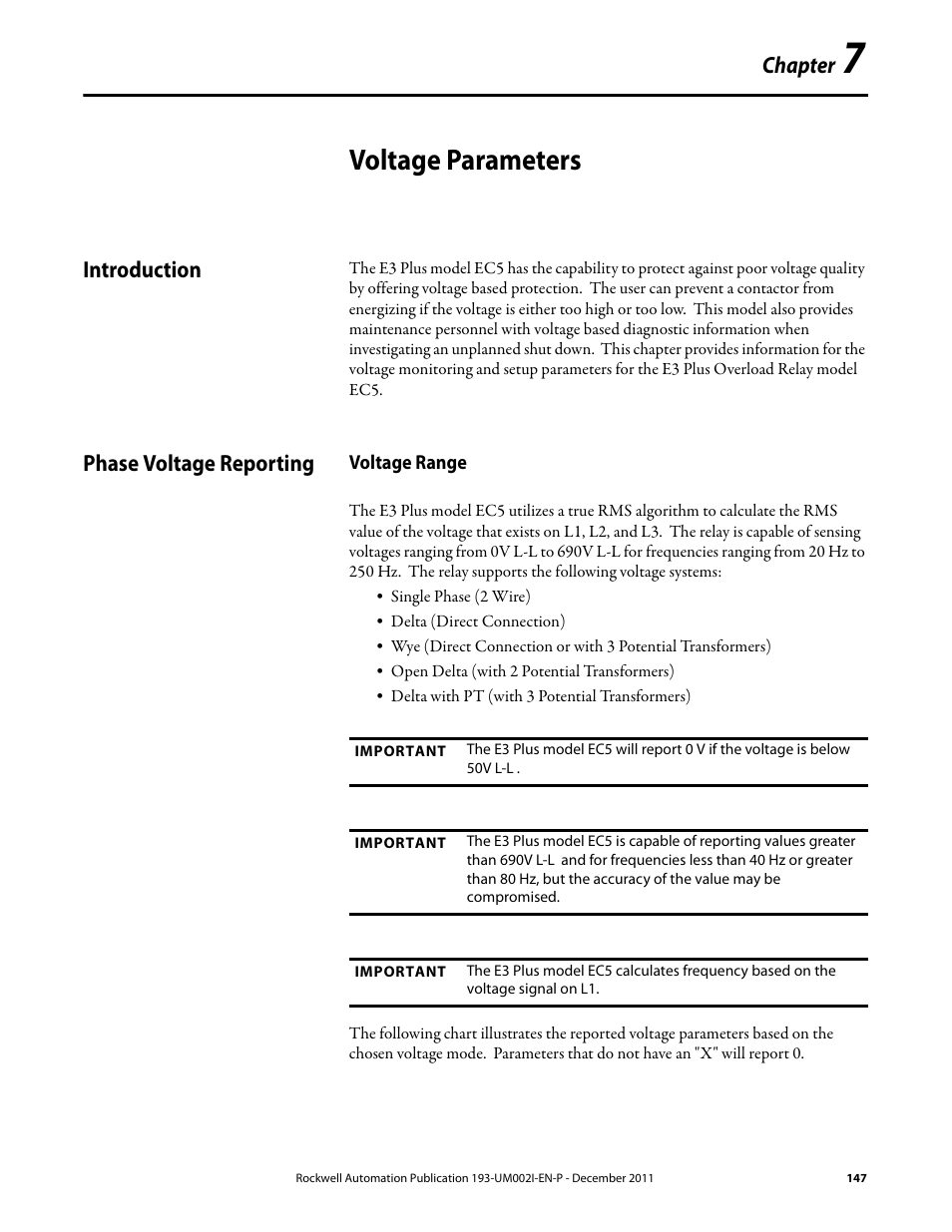 Voltage parameters, Introduction, Phase voltage reporting | Voltage range, Introduction phase voltage reporting, Chapter | Rockwell Automation 193-EC1_2_3_5, 193-ECPM,592-EC1_2_3_5 E3 and E3 Plus Solid-State Overload Relay User Manual User Manual | Page 147 / 276