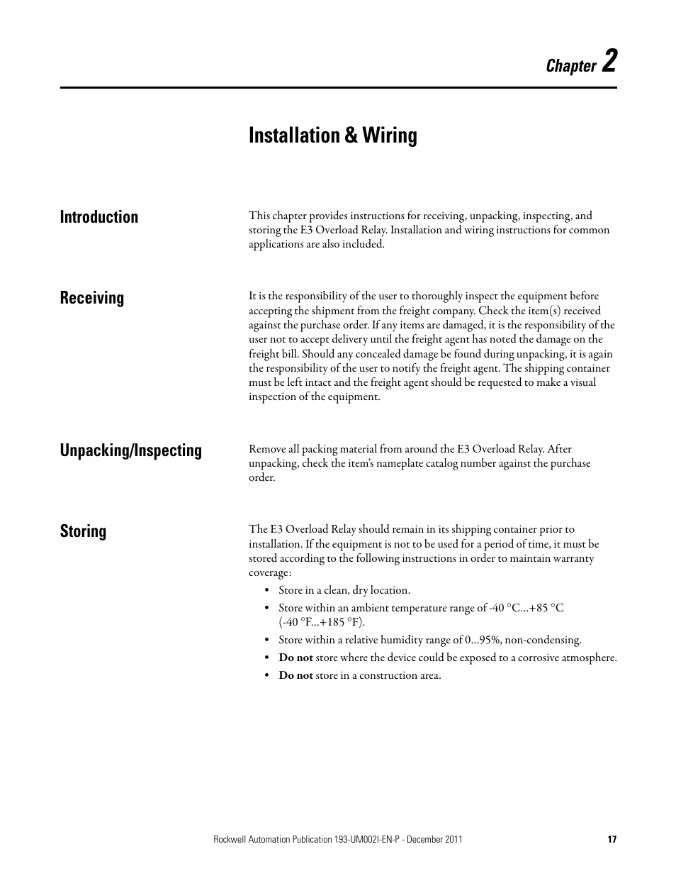 Installation & wiring, Introduction, Receiving | Unpacking/inspecting, Storing | Rockwell Automation 193-EC1_2_3_5, 193-ECPM,592-EC1_2_3_5 E3 and E3 Plus Solid-State Overload Relay User Manual User Manual | Page 17 / 276