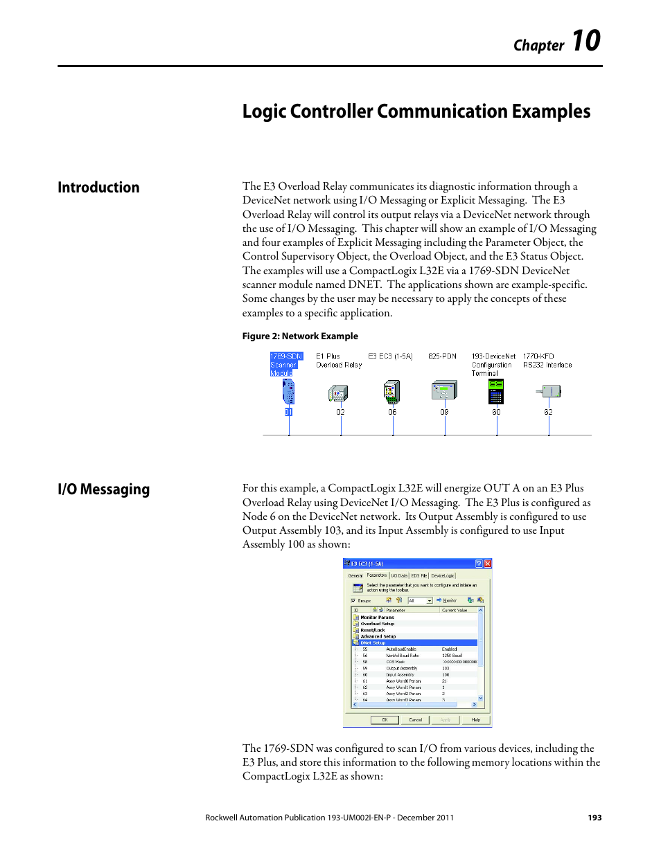 Logic controller communication examples, Introduction, I/o messaging | Introduction i/o messaging | Rockwell Automation 193-EC1_2_3_5, 193-ECPM,592-EC1_2_3_5 E3 and E3 Plus Solid-State Overload Relay User Manual User Manual | Page 193 / 276