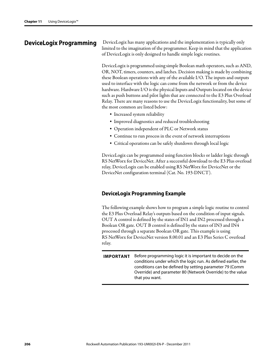 Devicelogix programming, Devicelogix programming example | Rockwell Automation 193-EC1_2_3_5, 193-ECPM,592-EC1_2_3_5 E3 and E3 Plus Solid-State Overload Relay User Manual User Manual | Page 206 / 276