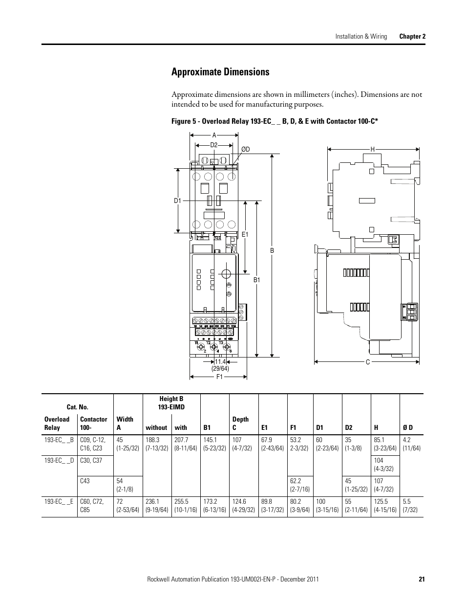 Approximate dimensions | Rockwell Automation 193-EC1_2_3_5, 193-ECPM,592-EC1_2_3_5 E3 and E3 Plus Solid-State Overload Relay User Manual User Manual | Page 21 / 276