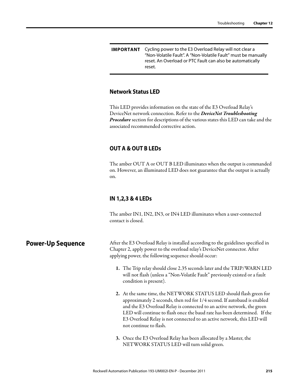Network status led, Out a & out b leds, In 1,2,3 & 4 leds | Power-up sequence | Rockwell Automation 193-EC1_2_3_5, 193-ECPM,592-EC1_2_3_5 E3 and E3 Plus Solid-State Overload Relay User Manual User Manual | Page 215 / 276
