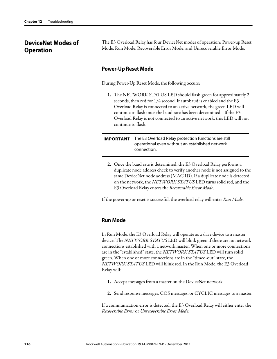 Devicenet modes of operation, Power-up reset mode, Run mode | Power-up reset mode run mode | Rockwell Automation 193-EC1_2_3_5, 193-ECPM,592-EC1_2_3_5 E3 and E3 Plus Solid-State Overload Relay User Manual User Manual | Page 216 / 276