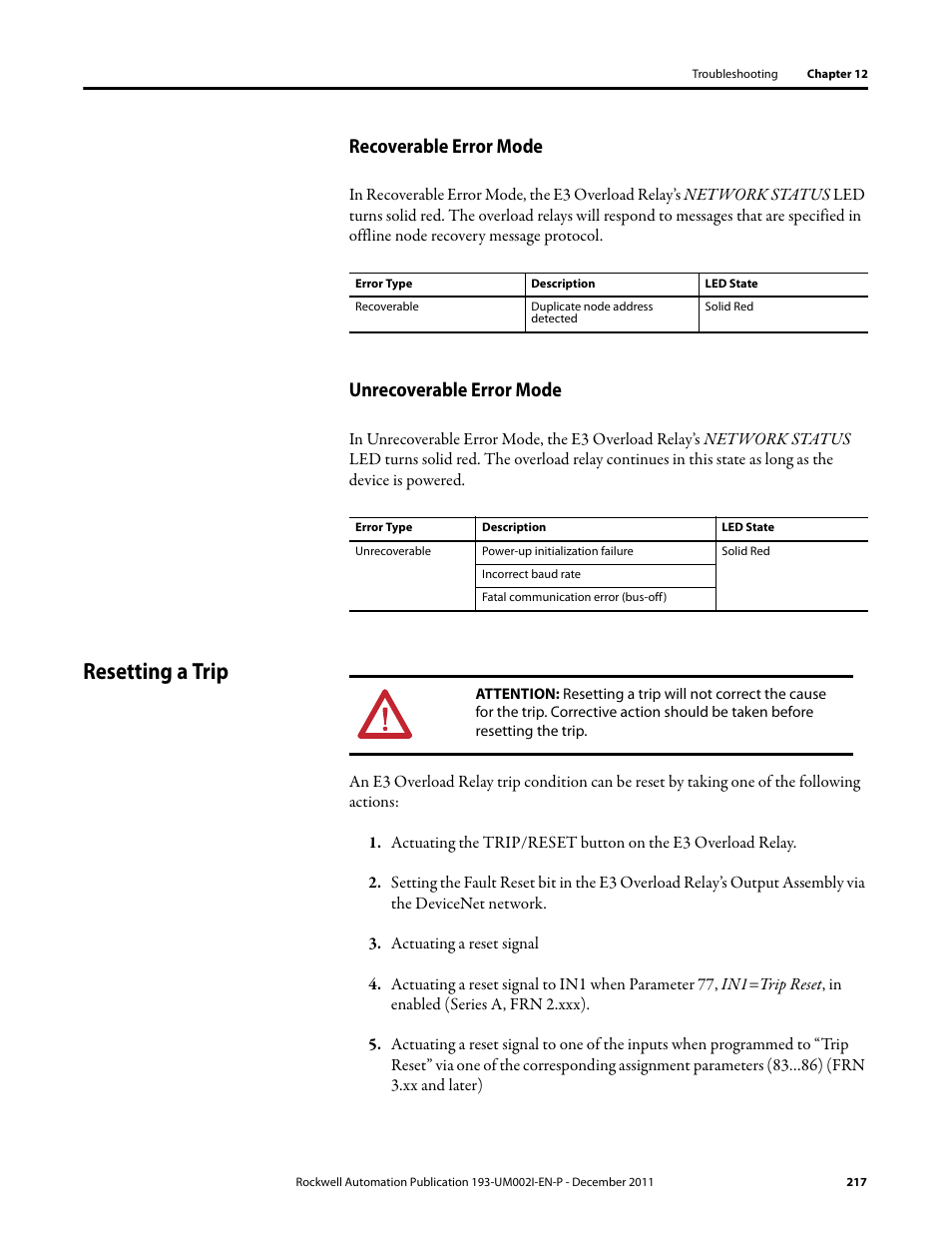 Recoverable error mode, Unrecoverable error mode, Resetting a trip | Recoverable error mode unrecoverable error mode | Rockwell Automation 193-EC1_2_3_5, 193-ECPM,592-EC1_2_3_5 E3 and E3 Plus Solid-State Overload Relay User Manual User Manual | Page 217 / 276