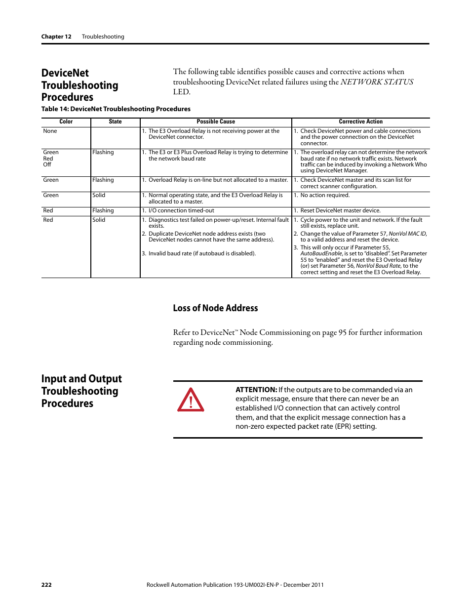 Devicenet troubleshooting procedures, Loss of node address, Input and output troubleshooting procedures | Rockwell Automation 193-EC1_2_3_5, 193-ECPM,592-EC1_2_3_5 E3 and E3 Plus Solid-State Overload Relay User Manual User Manual | Page 222 / 276