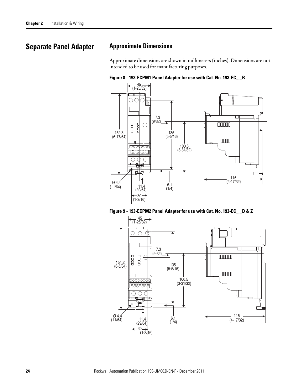 Separate panel adapter, Approximate dimensions | Rockwell Automation 193-EC1_2_3_5, 193-ECPM,592-EC1_2_3_5 E3 and E3 Plus Solid-State Overload Relay User Manual User Manual | Page 24 / 276