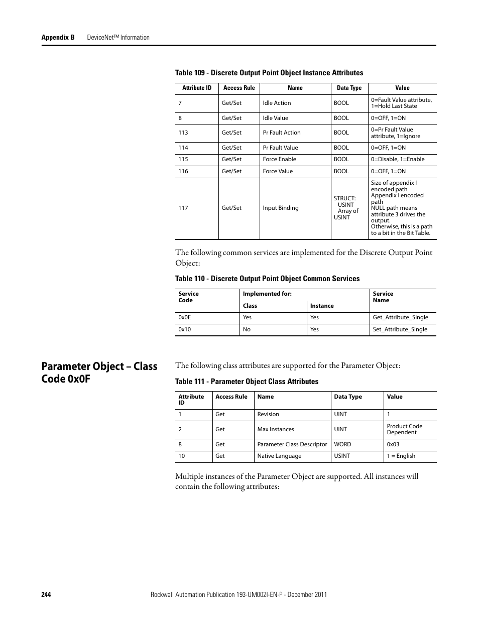 Parameter object – class code 0x0f | Rockwell Automation 193-EC1_2_3_5, 193-ECPM,592-EC1_2_3_5 E3 and E3 Plus Solid-State Overload Relay User Manual User Manual | Page 244 / 276