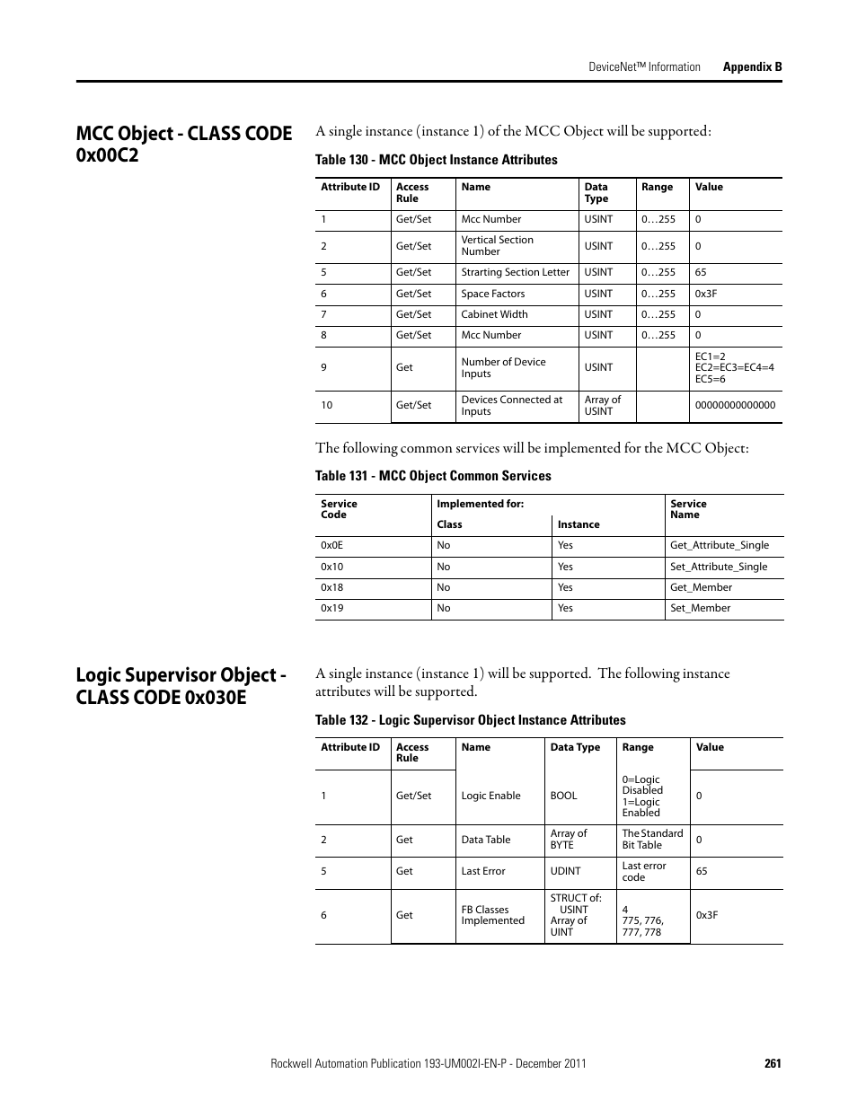 Mcc object - class code 0x00c2, Logic supervisor object - class code 0x030e | Rockwell Automation 193-EC1_2_3_5, 193-ECPM,592-EC1_2_3_5 E3 and E3 Plus Solid-State Overload Relay User Manual User Manual | Page 261 / 276