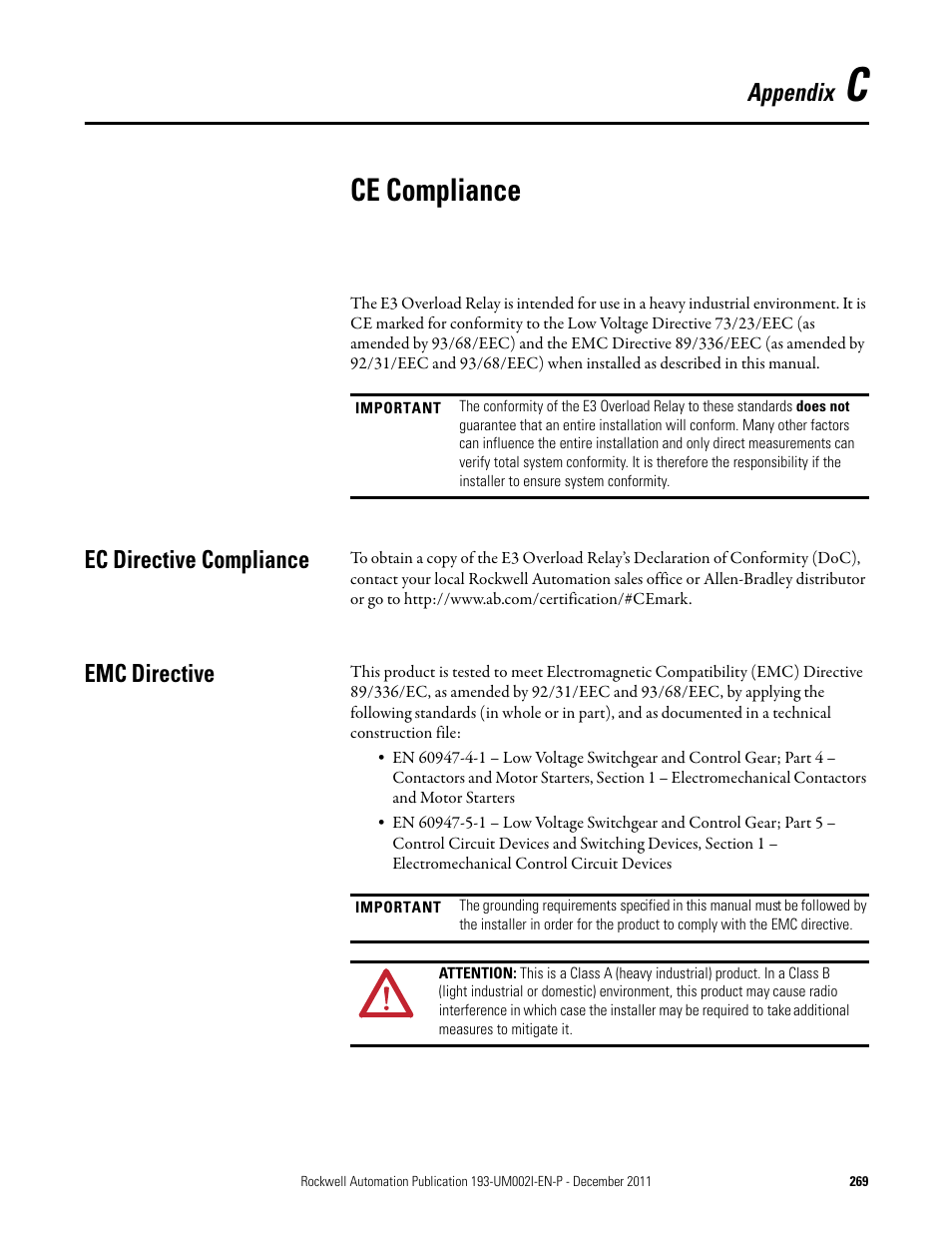 Ce compliance, Ec directive compliance, Emc directive | Ec directive compliance emc directive, Appendix | Rockwell Automation 193-EC1_2_3_5, 193-ECPM,592-EC1_2_3_5 E3 and E3 Plus Solid-State Overload Relay User Manual User Manual | Page 269 / 276