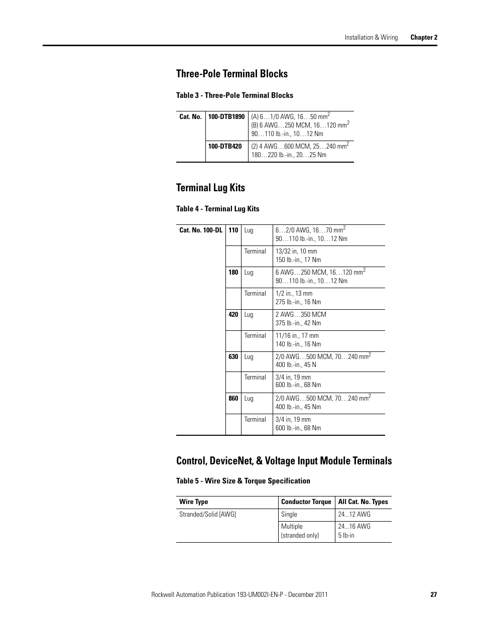 Three-pole terminal blocks, Terminal lug kits | Rockwell Automation 193-EC1_2_3_5, 193-ECPM,592-EC1_2_3_5 E3 and E3 Plus Solid-State Overload Relay User Manual User Manual | Page 27 / 276