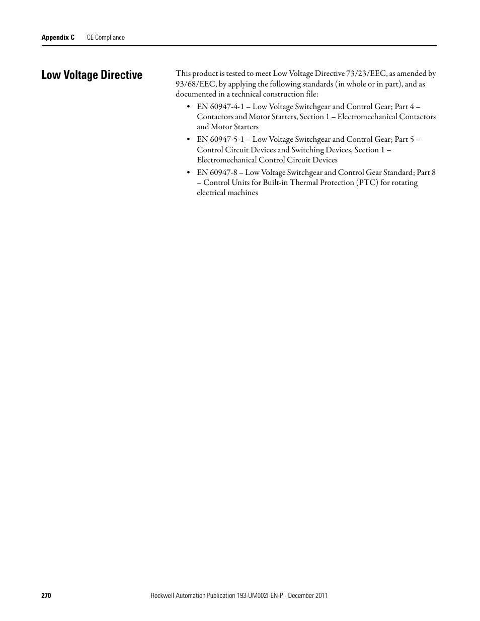 Low voltage directive | Rockwell Automation 193-EC1_2_3_5, 193-ECPM,592-EC1_2_3_5 E3 and E3 Plus Solid-State Overload Relay User Manual User Manual | Page 270 / 276