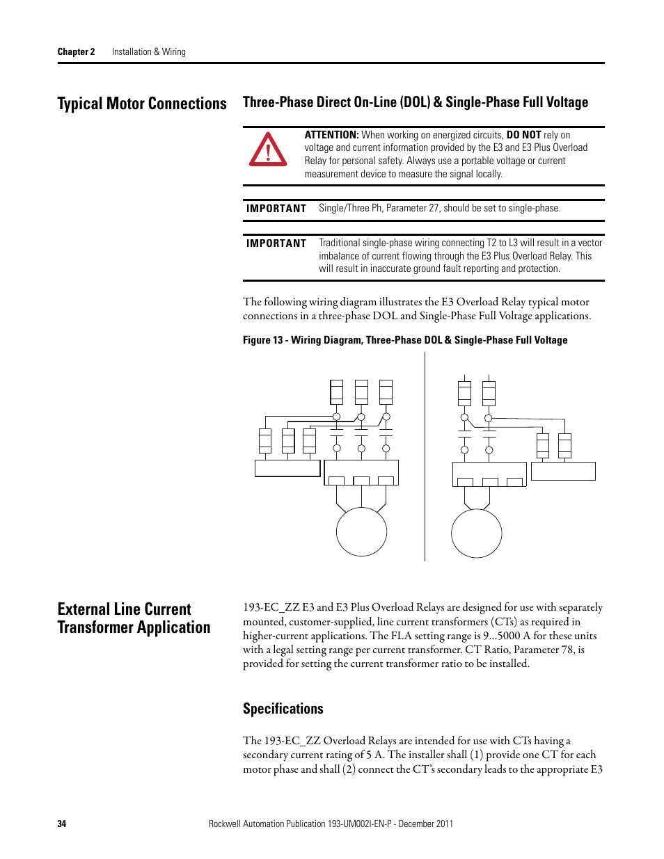 Typical motor connections, External line current transformer application, Specifications | Rockwell Automation 193-EC1_2_3_5, 193-ECPM,592-EC1_2_3_5 E3 and E3 Plus Solid-State Overload Relay User Manual User Manual | Page 34 / 276