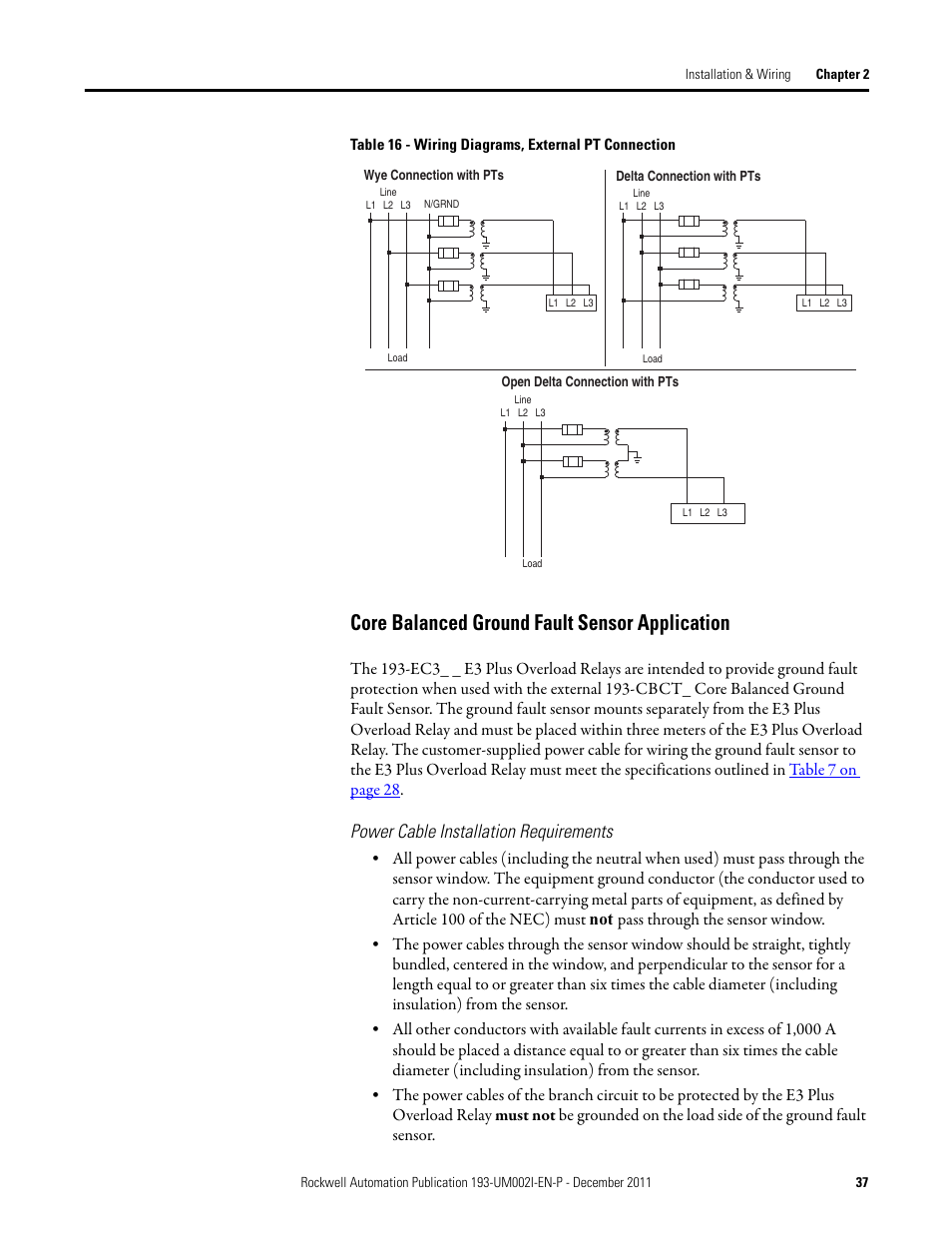 Core balanced ground fault sensor application, Power cable installation requirements | Rockwell Automation 193-EC1_2_3_5, 193-ECPM,592-EC1_2_3_5 E3 and E3 Plus Solid-State Overload Relay User Manual User Manual | Page 37 / 276