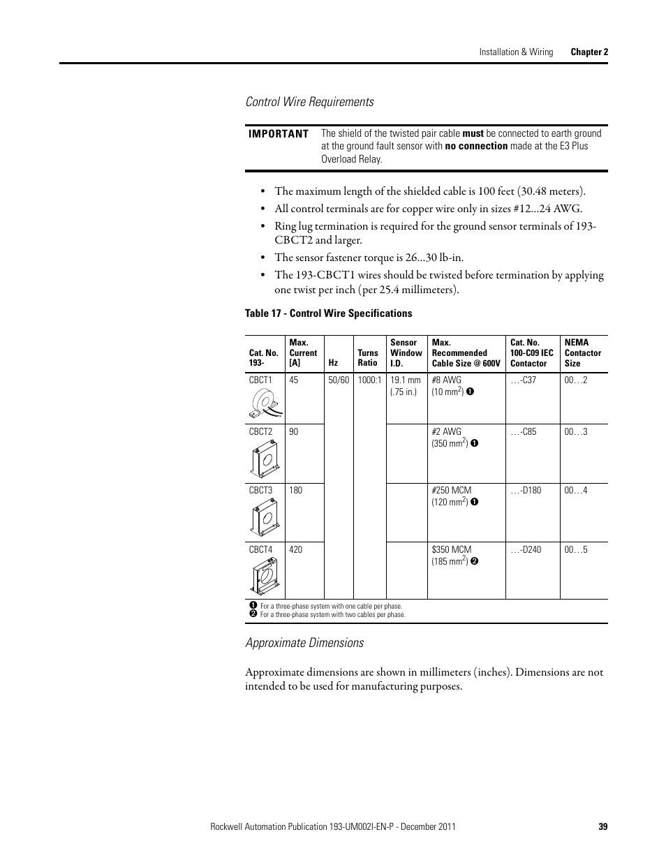 Control wire requirements, Approximate dimensions | Rockwell Automation 193-EC1_2_3_5, 193-ECPM,592-EC1_2_3_5 E3 and E3 Plus Solid-State Overload Relay User Manual User Manual | Page 39 / 276