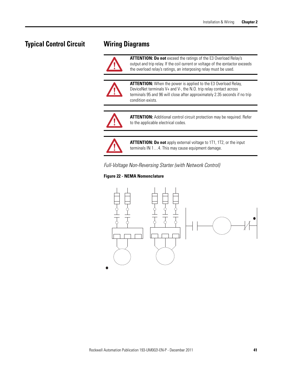 Typical control circuit, Wiring diagrams, Typical control circuit wiring diagrams | Rockwell Automation 193-EC1_2_3_5, 193-ECPM,592-EC1_2_3_5 E3 and E3 Plus Solid-State Overload Relay User Manual User Manual | Page 41 / 276