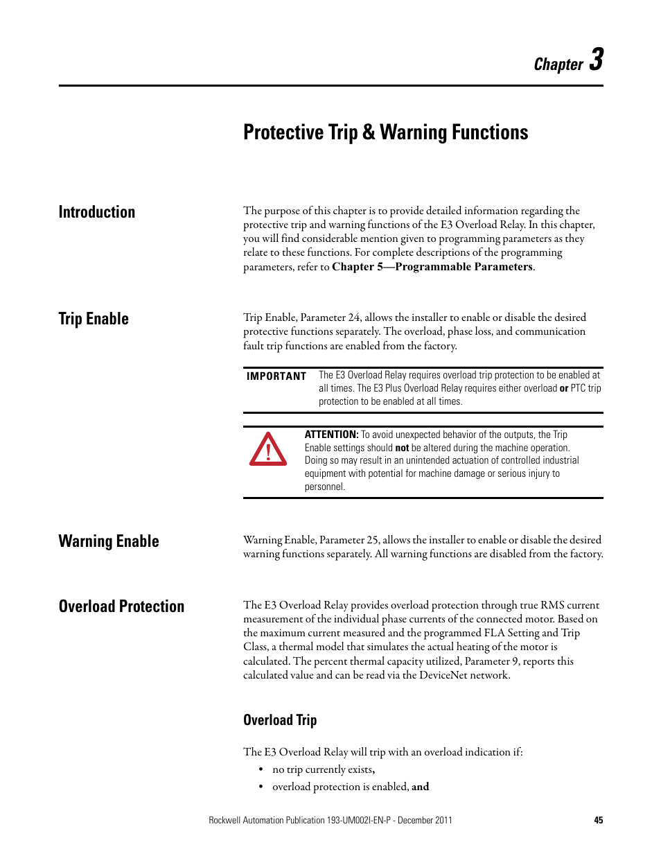 Protective trip & warning functions, Introduction, Trip enable | Warning enable, Overload protection, Overload trip | Rockwell Automation 193-EC1_2_3_5, 193-ECPM,592-EC1_2_3_5 E3 and E3 Plus Solid-State Overload Relay User Manual User Manual | Page 45 / 276