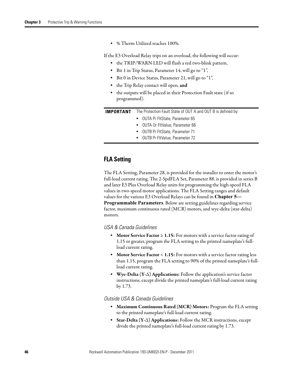 Fla setting | Rockwell Automation 193-EC1_2_3_5, 193-ECPM,592-EC1_2_3_5 E3 and E3 Plus Solid-State Overload Relay User Manual User Manual | Page 46 / 276