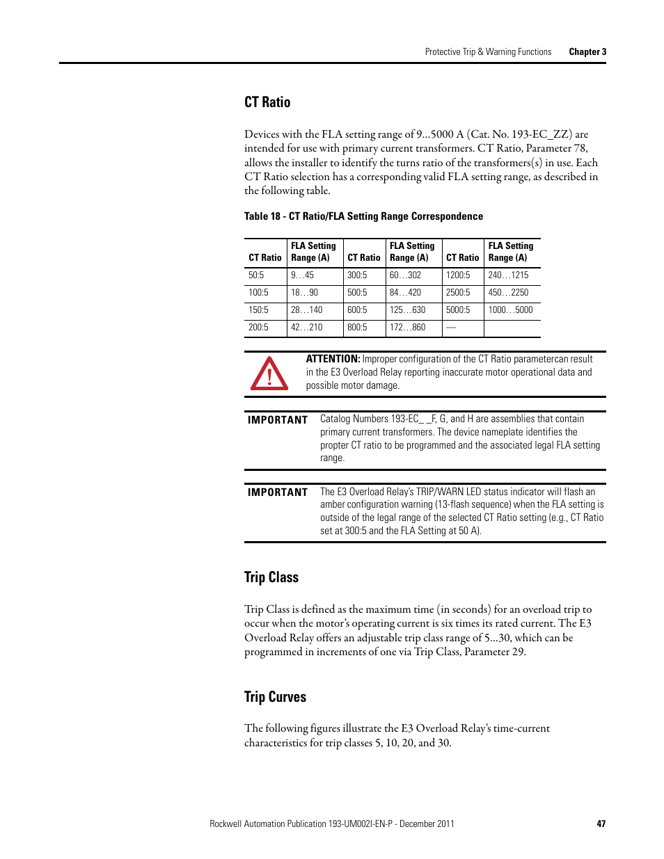 Ct ratio, Trip class, Trip curves | Ct ratio trip class trip curves | Rockwell Automation 193-EC1_2_3_5, 193-ECPM,592-EC1_2_3_5 E3 and E3 Plus Solid-State Overload Relay User Manual User Manual | Page 47 / 276