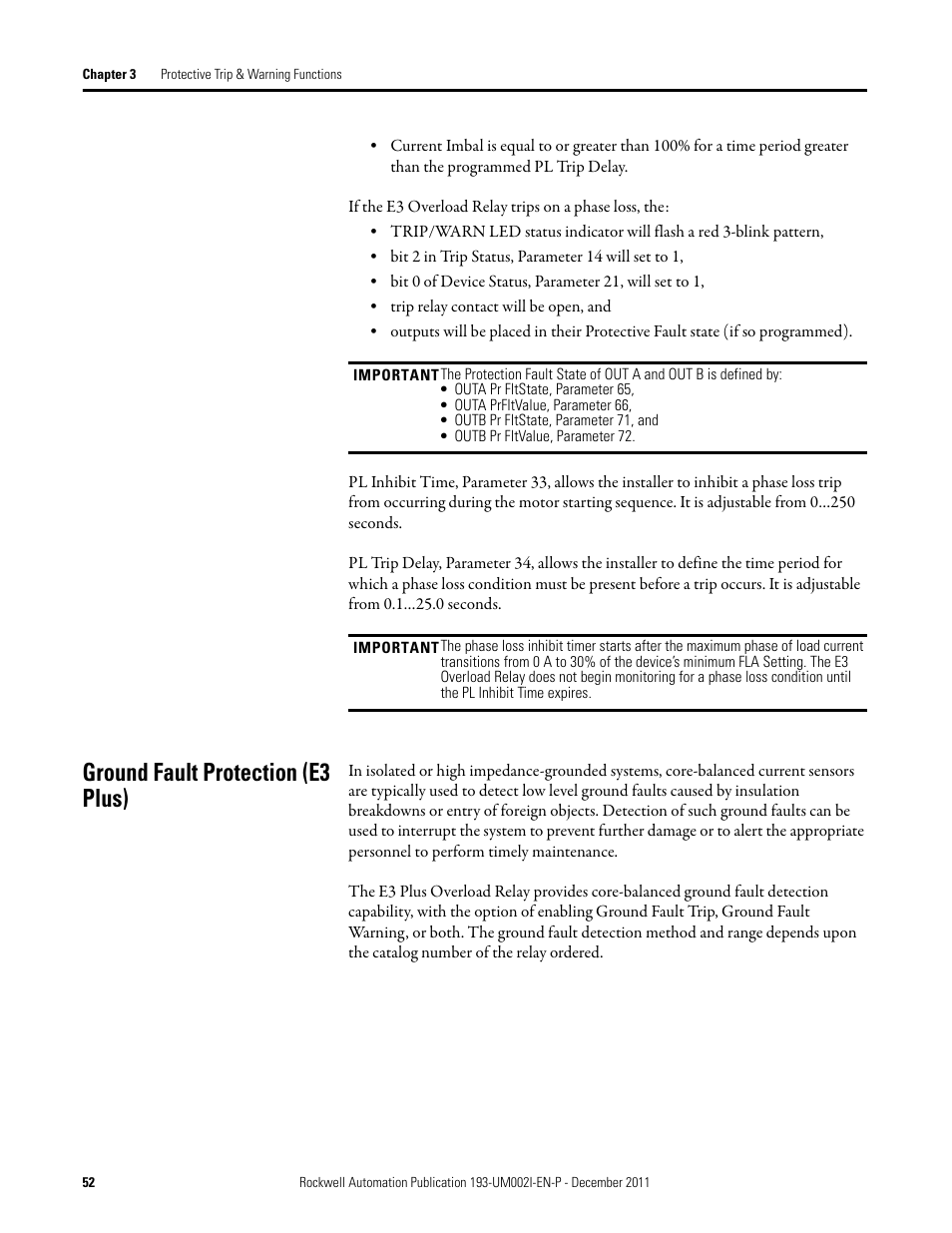 Ground fault protection (e3 plus) | Rockwell Automation 193-EC1_2_3_5, 193-ECPM,592-EC1_2_3_5 E3 and E3 Plus Solid-State Overload Relay User Manual User Manual | Page 52 / 276