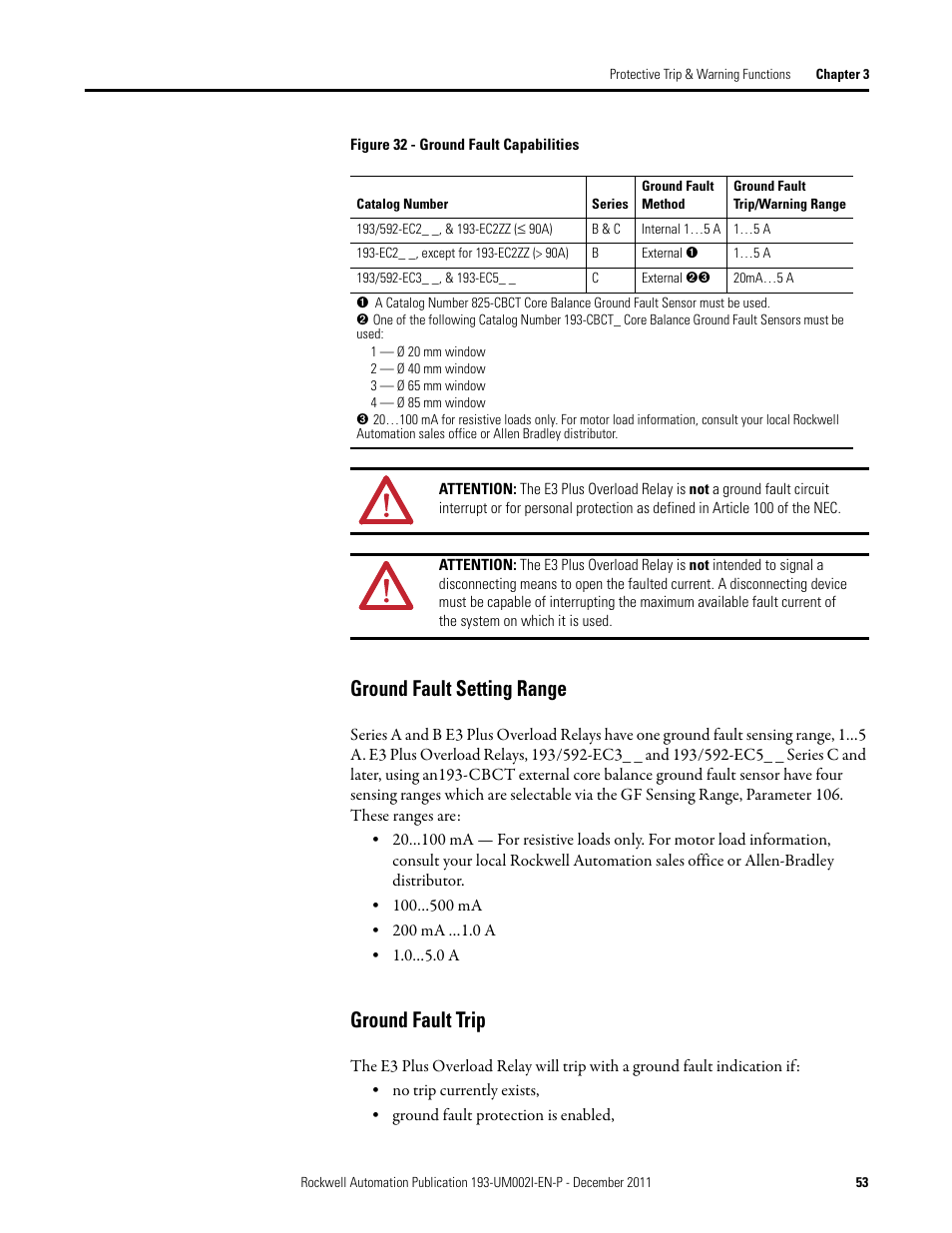 Ground fault setting range, Ground fault trip, Ground fault setting range ground fault trip | Rockwell Automation 193-EC1_2_3_5, 193-ECPM,592-EC1_2_3_5 E3 and E3 Plus Solid-State Overload Relay User Manual User Manual | Page 53 / 276