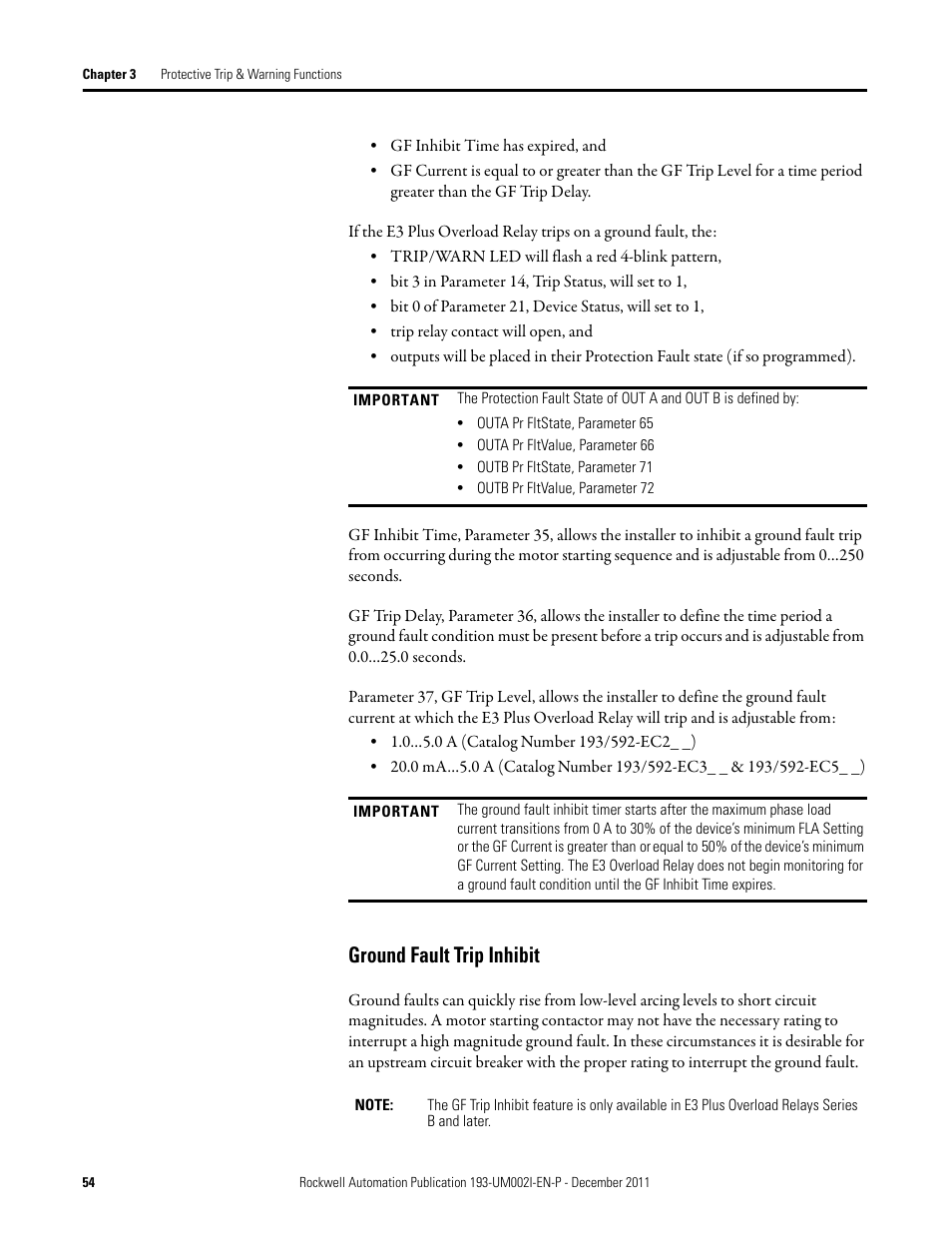 Ground fault trip inhibit | Rockwell Automation 193-EC1_2_3_5, 193-ECPM,592-EC1_2_3_5 E3 and E3 Plus Solid-State Overload Relay User Manual User Manual | Page 54 / 276