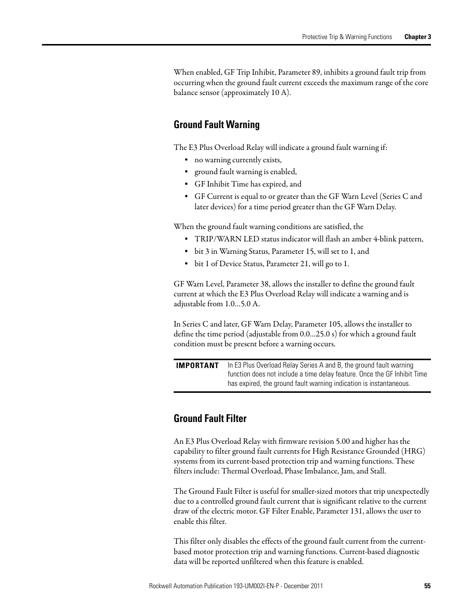 Ground fault warning, Ground fault filter, Ground fault warning ground fault filter | Rockwell Automation 193-EC1_2_3_5, 193-ECPM,592-EC1_2_3_5 E3 and E3 Plus Solid-State Overload Relay User Manual User Manual | Page 55 / 276