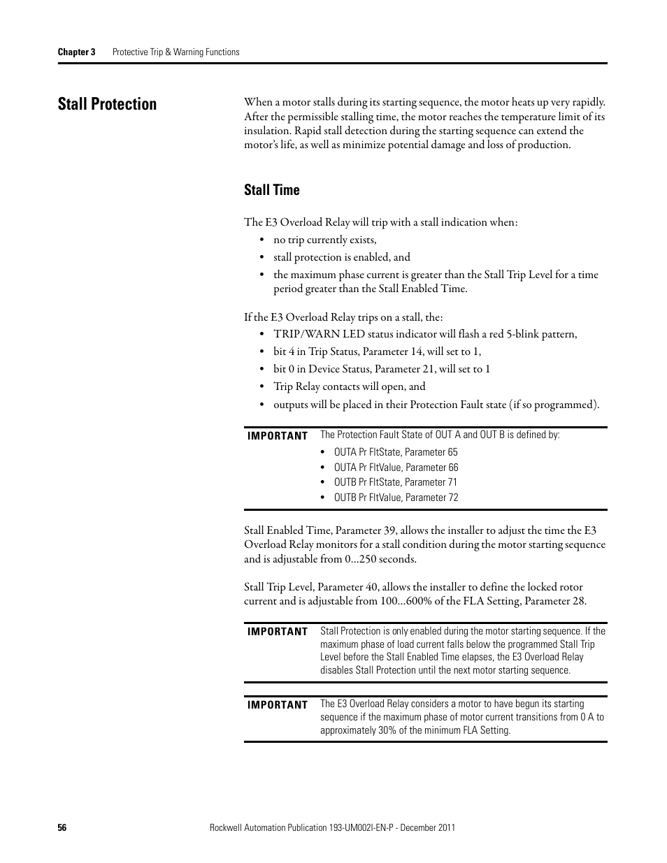 Stall protection, Stall time | Rockwell Automation 193-EC1_2_3_5, 193-ECPM,592-EC1_2_3_5 E3 and E3 Plus Solid-State Overload Relay User Manual User Manual | Page 56 / 276