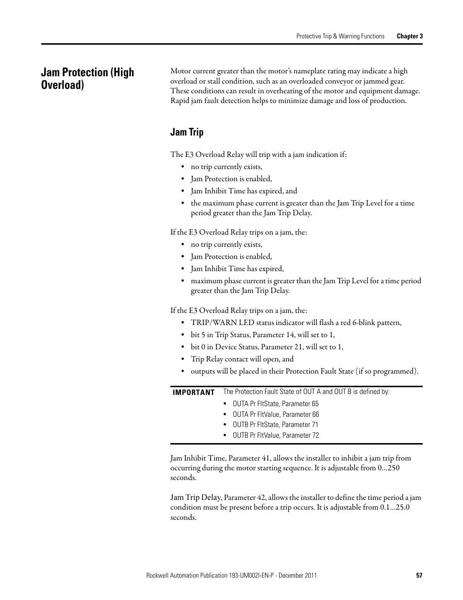 Jam protection (high overload), Jam trip | Rockwell Automation 193-EC1_2_3_5, 193-ECPM,592-EC1_2_3_5 E3 and E3 Plus Solid-State Overload Relay User Manual User Manual | Page 57 / 276
