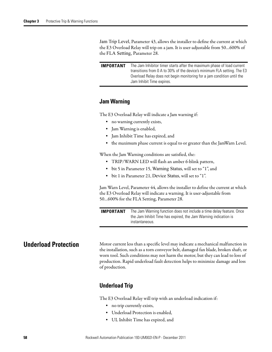 Jam warning, Underload protection, Underload trip | Rockwell Automation 193-EC1_2_3_5, 193-ECPM,592-EC1_2_3_5 E3 and E3 Plus Solid-State Overload Relay User Manual User Manual | Page 58 / 276