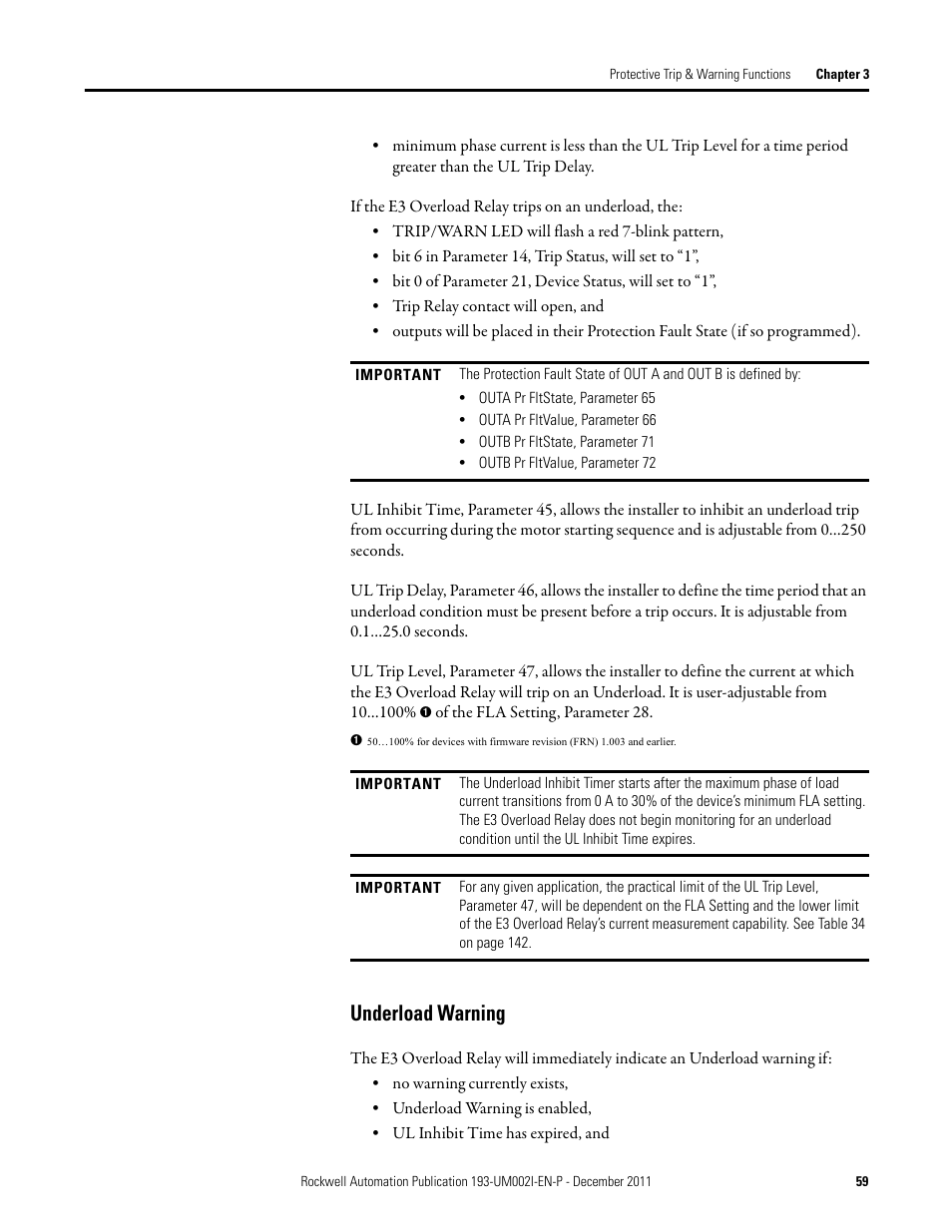 Underload warning | Rockwell Automation 193-EC1_2_3_5, 193-ECPM,592-EC1_2_3_5 E3 and E3 Plus Solid-State Overload Relay User Manual User Manual | Page 59 / 276