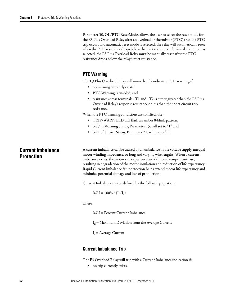 Ptc warning, Current imbalance protection, Current imbalance trip | Rockwell Automation 193-EC1_2_3_5, 193-ECPM,592-EC1_2_3_5 E3 and E3 Plus Solid-State Overload Relay User Manual User Manual | Page 62 / 276