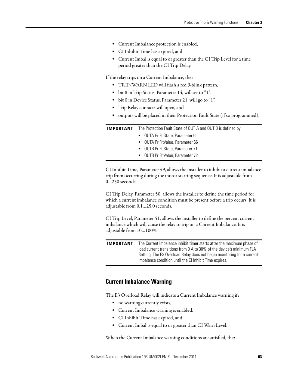 Current imbalance warning | Rockwell Automation 193-EC1_2_3_5, 193-ECPM,592-EC1_2_3_5 E3 and E3 Plus Solid-State Overload Relay User Manual User Manual | Page 63 / 276