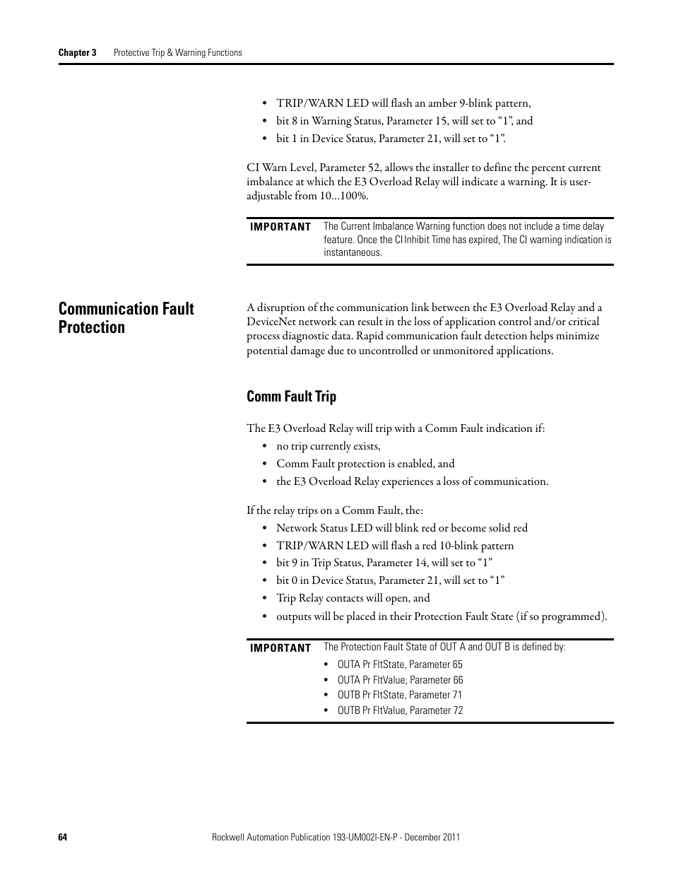 Communication fault protection, Comm fault trip | Rockwell Automation 193-EC1_2_3_5, 193-ECPM,592-EC1_2_3_5 E3 and E3 Plus Solid-State Overload Relay User Manual User Manual | Page 64 / 276