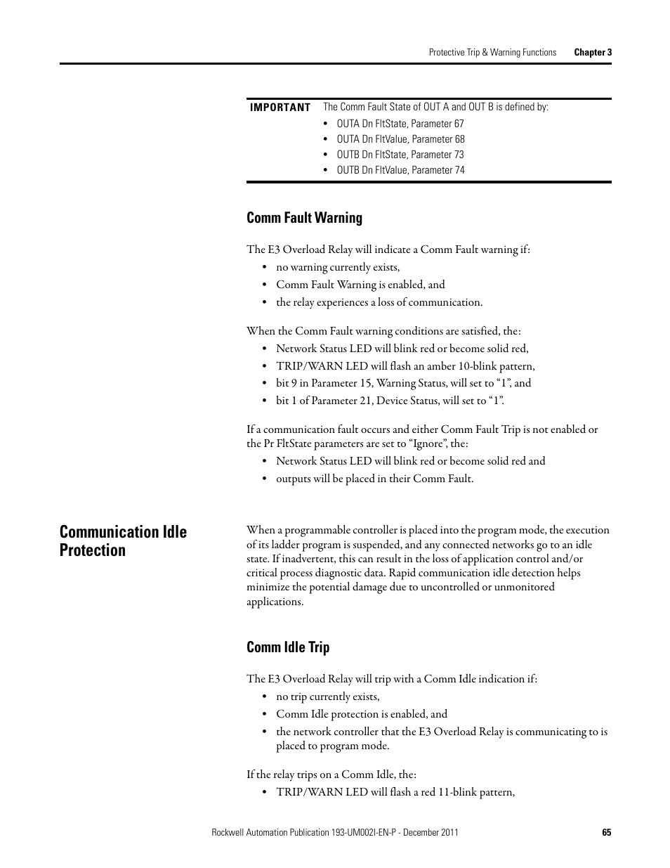 Comm fault warning, Communication idle protection, Comm idle trip | Rockwell Automation 193-EC1_2_3_5, 193-ECPM,592-EC1_2_3_5 E3 and E3 Plus Solid-State Overload Relay User Manual User Manual | Page 65 / 276