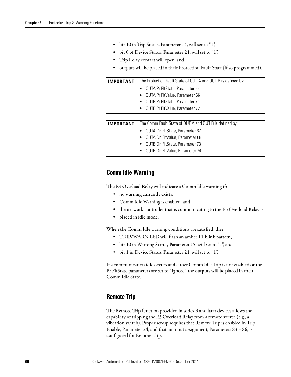 Comm idle warning, Remote trip, Comm idle warning remote trip | Rockwell Automation 193-EC1_2_3_5, 193-ECPM,592-EC1_2_3_5 E3 and E3 Plus Solid-State Overload Relay User Manual User Manual | Page 66 / 276