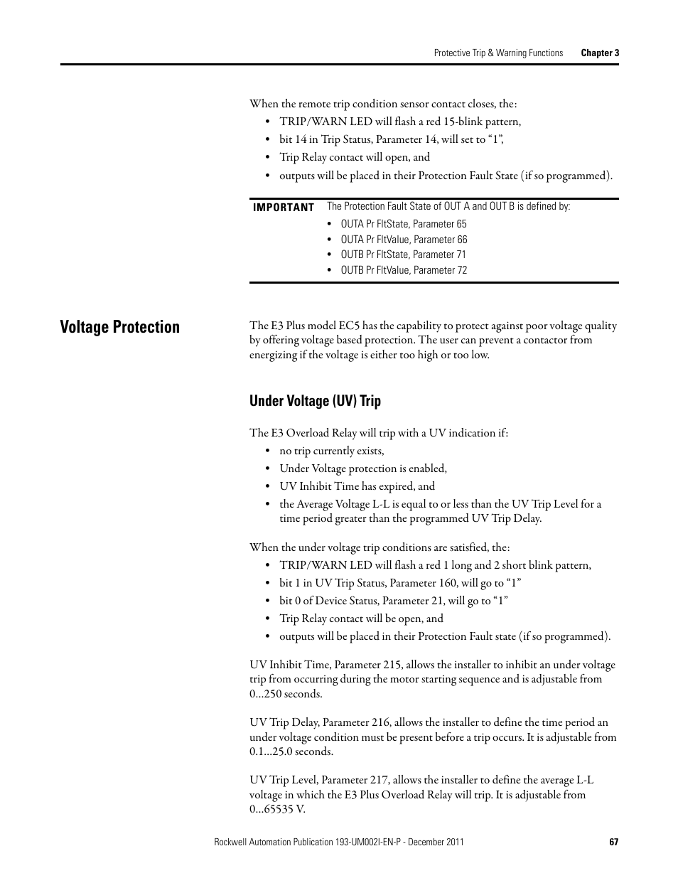 Voltage protection, Under voltage (uv) trip | Rockwell Automation 193-EC1_2_3_5, 193-ECPM,592-EC1_2_3_5 E3 and E3 Plus Solid-State Overload Relay User Manual User Manual | Page 67 / 276