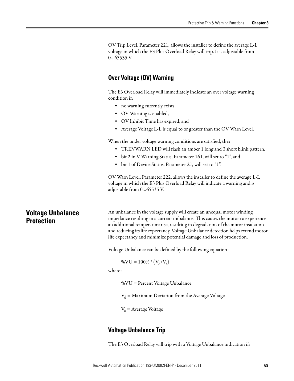 Over voltage (ov) warning, Voltage unbalance protection, Voltage unbalance trip | Rockwell Automation 193-EC1_2_3_5, 193-ECPM,592-EC1_2_3_5 E3 and E3 Plus Solid-State Overload Relay User Manual User Manual | Page 69 / 276