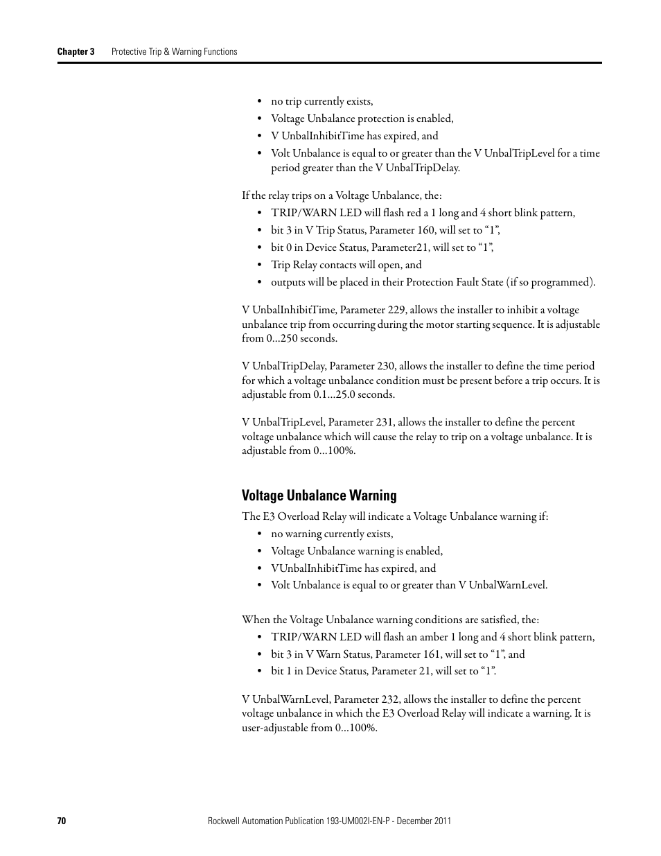 Voltage unbalance warning | Rockwell Automation 193-EC1_2_3_5, 193-ECPM,592-EC1_2_3_5 E3 and E3 Plus Solid-State Overload Relay User Manual User Manual | Page 70 / 276