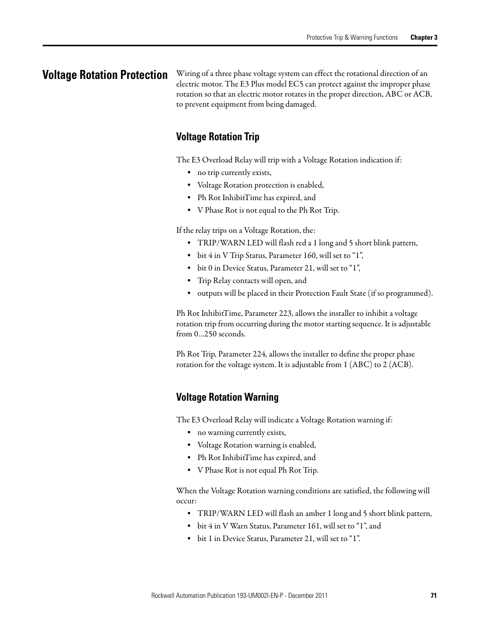 Voltage rotation protection, Voltage rotation trip, Voltage rotation warning | Voltage rotation trip voltage rotation warning | Rockwell Automation 193-EC1_2_3_5, 193-ECPM,592-EC1_2_3_5 E3 and E3 Plus Solid-State Overload Relay User Manual User Manual | Page 71 / 276