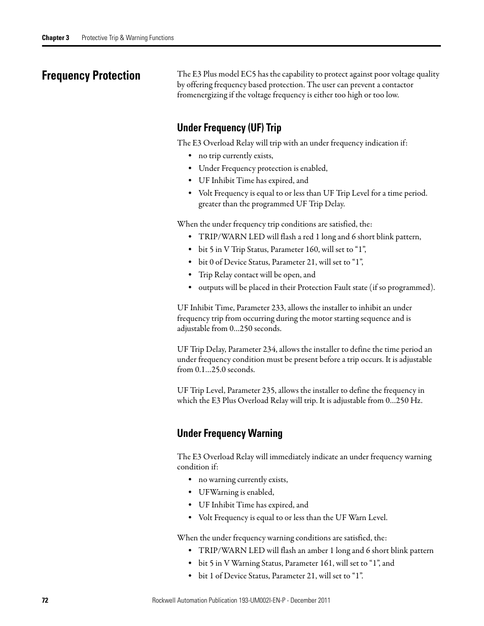 Frequency protection, Under frequency (uf) trip, Under frequency warning | Under frequency (uf) trip under frequency warning | Rockwell Automation 193-EC1_2_3_5, 193-ECPM,592-EC1_2_3_5 E3 and E3 Plus Solid-State Overload Relay User Manual User Manual | Page 72 / 276