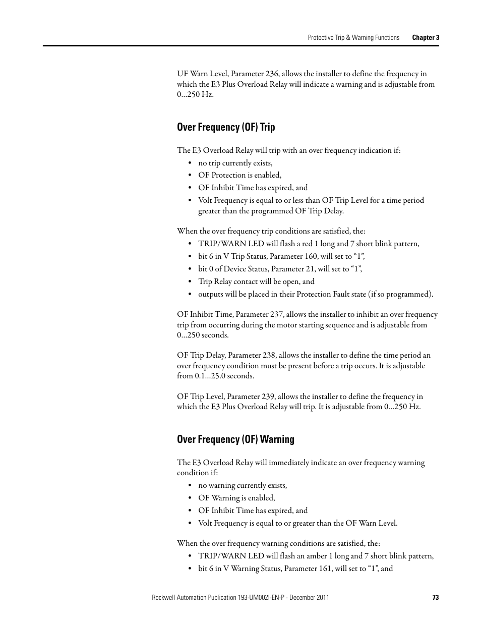 Over frequency (of) trip, Over frequency (of) warning | Rockwell Automation 193-EC1_2_3_5, 193-ECPM,592-EC1_2_3_5 E3 and E3 Plus Solid-State Overload Relay User Manual User Manual | Page 73 / 276