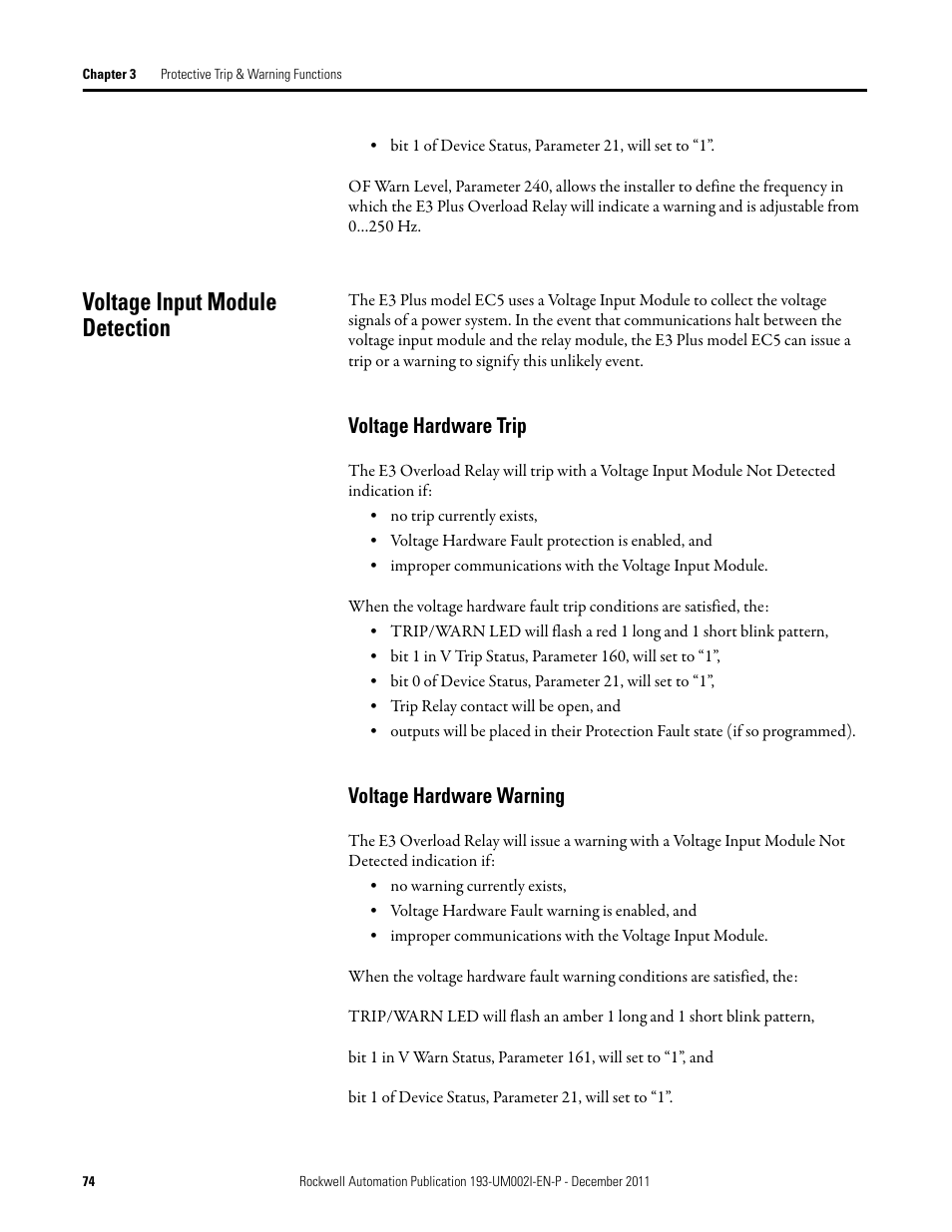 Voltage input module detection, Voltage hardware trip, Voltage hardware warning | Voltage hardware trip voltage hardware warning | Rockwell Automation 193-EC1_2_3_5, 193-ECPM,592-EC1_2_3_5 E3 and E3 Plus Solid-State Overload Relay User Manual User Manual | Page 74 / 276