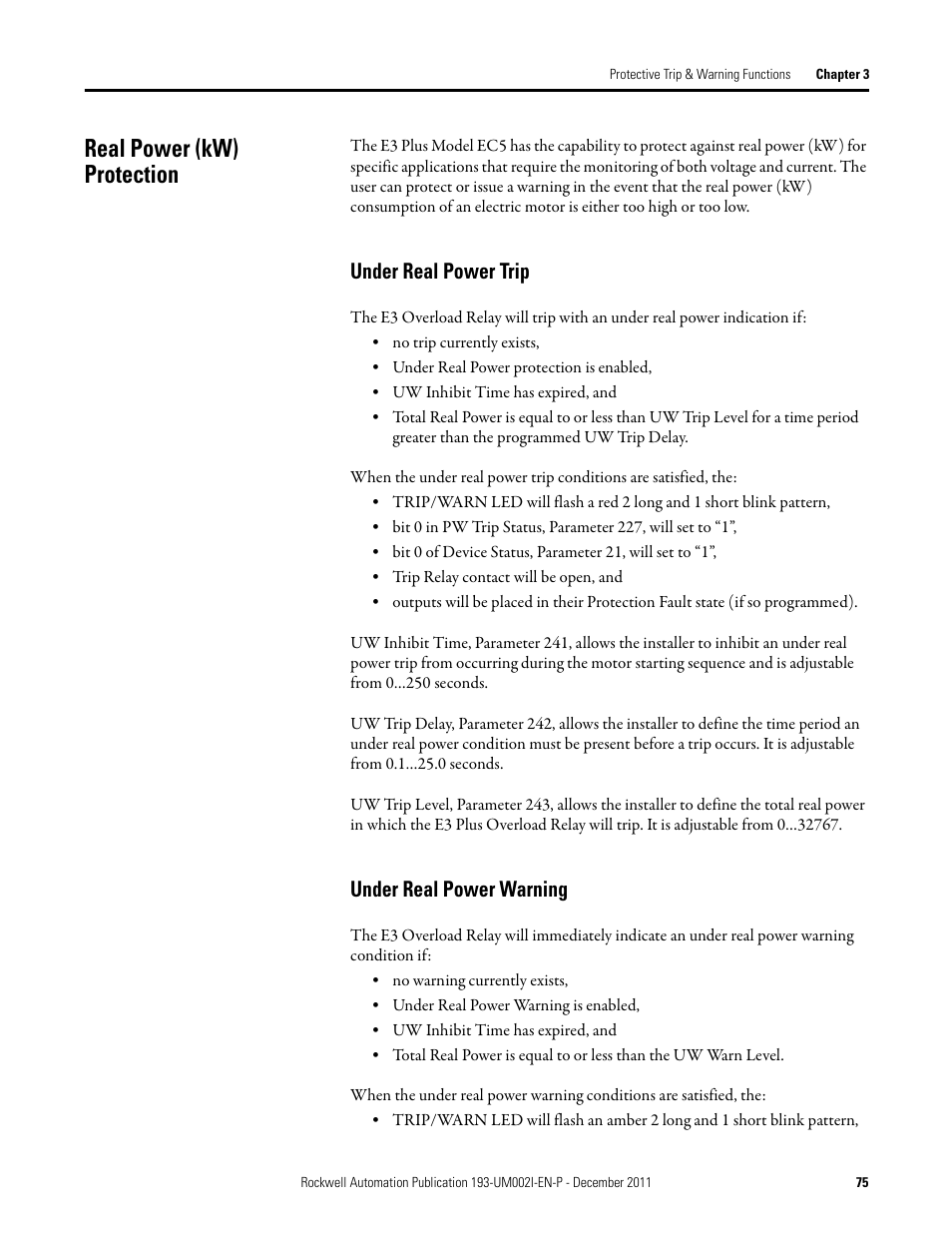 Real power (kw) protection, Under real power trip, Under real power warning | Under real power trip under real power warning | Rockwell Automation 193-EC1_2_3_5, 193-ECPM,592-EC1_2_3_5 E3 and E3 Plus Solid-State Overload Relay User Manual User Manual | Page 75 / 276