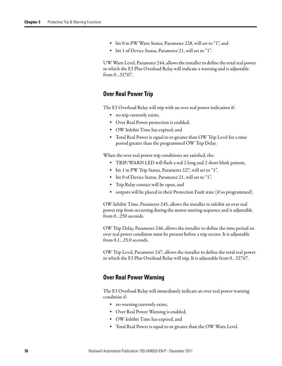 Over real power trip, Over real power warning, Over real power trip over real power warning | Rockwell Automation 193-EC1_2_3_5, 193-ECPM,592-EC1_2_3_5 E3 and E3 Plus Solid-State Overload Relay User Manual User Manual | Page 76 / 276