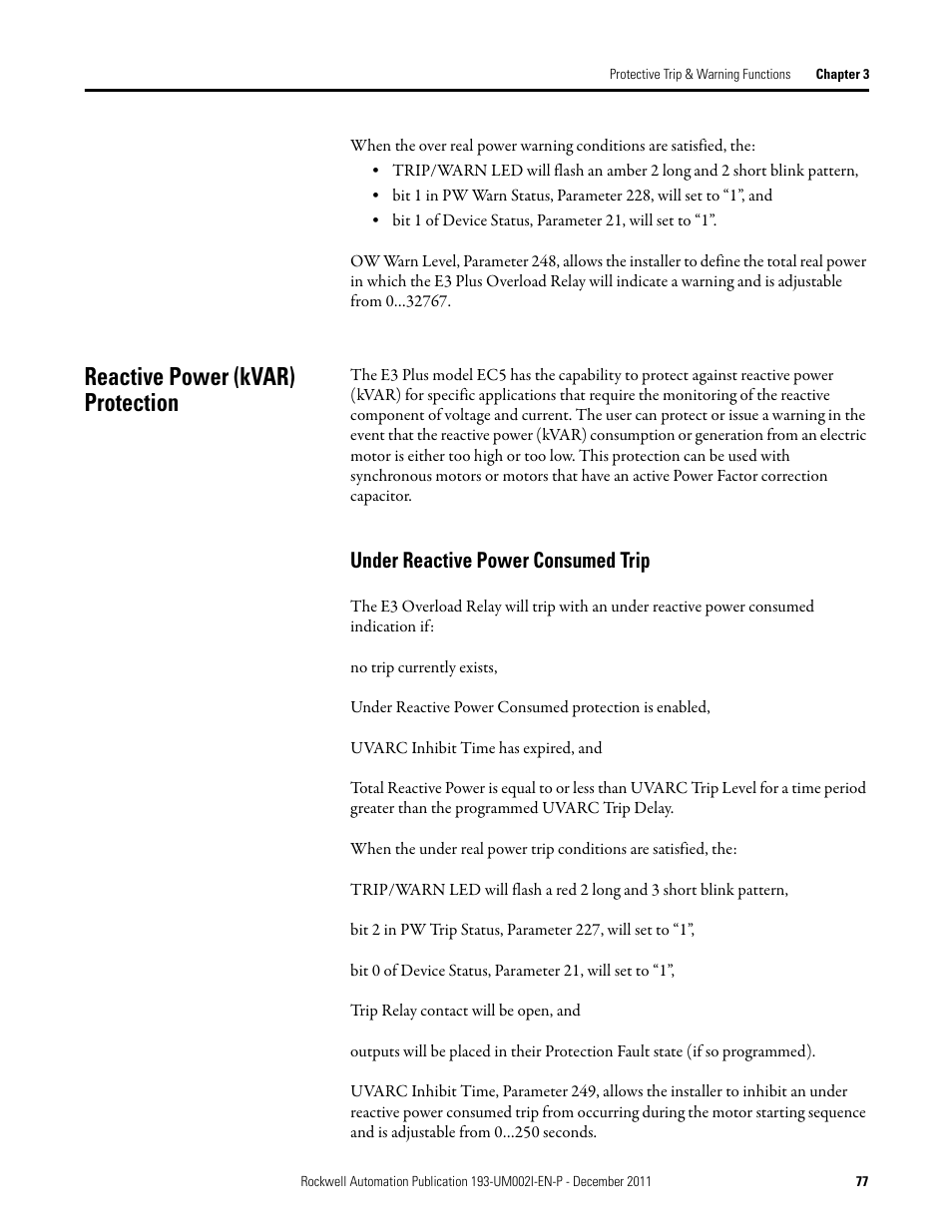 Reactive power (kvar) protection, Under reactive power consumed trip | Rockwell Automation 193-EC1_2_3_5, 193-ECPM,592-EC1_2_3_5 E3 and E3 Plus Solid-State Overload Relay User Manual User Manual | Page 77 / 276