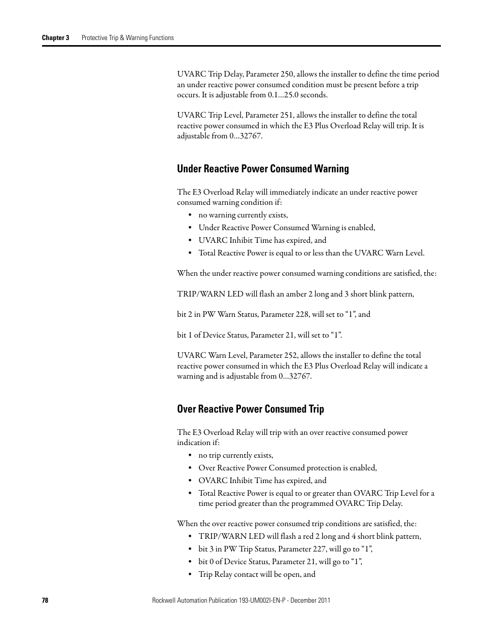 Under reactive power consumed warning, Over reactive power consumed trip | Rockwell Automation 193-EC1_2_3_5, 193-ECPM,592-EC1_2_3_5 E3 and E3 Plus Solid-State Overload Relay User Manual User Manual | Page 78 / 276