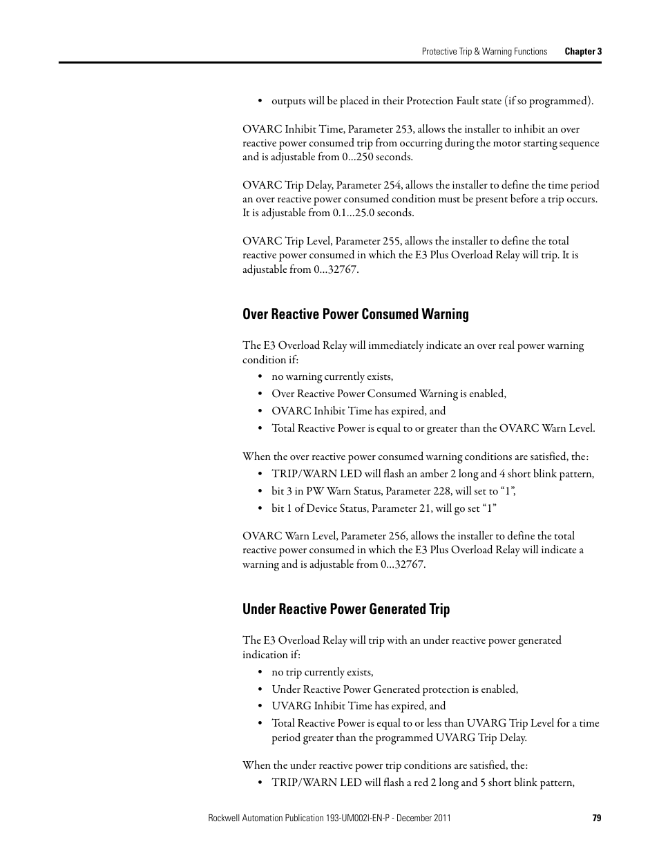 Over reactive power consumed warning, Under reactive power generated trip | Rockwell Automation 193-EC1_2_3_5, 193-ECPM,592-EC1_2_3_5 E3 and E3 Plus Solid-State Overload Relay User Manual User Manual | Page 79 / 276