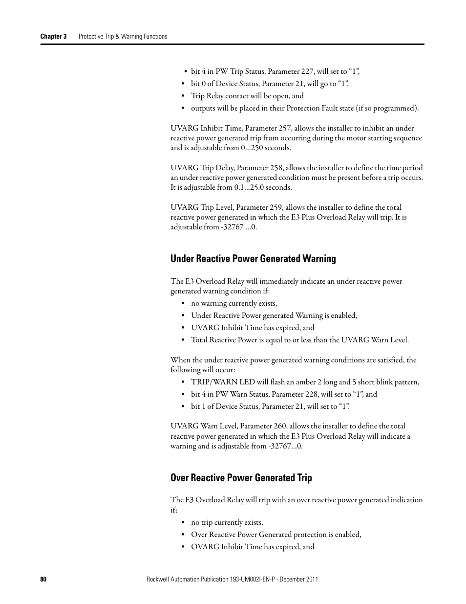 Under reactive power generated warning, Over reactive power generated trip | Rockwell Automation 193-EC1_2_3_5, 193-ECPM,592-EC1_2_3_5 E3 and E3 Plus Solid-State Overload Relay User Manual User Manual | Page 80 / 276