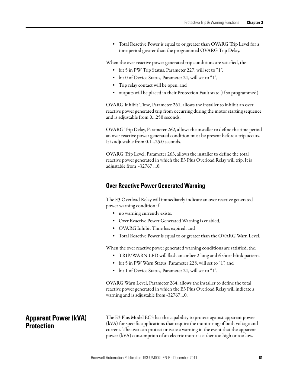 Over reactive power generated warning, Apparent power (kva) protection | Rockwell Automation 193-EC1_2_3_5, 193-ECPM,592-EC1_2_3_5 E3 and E3 Plus Solid-State Overload Relay User Manual User Manual | Page 81 / 276